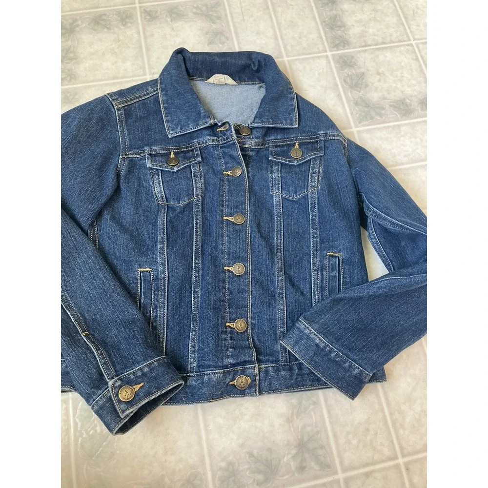 EUC Lands End Trucker‎ Jacket Stretch Denim Youth Girl Size M 10-12 Dark Blue
